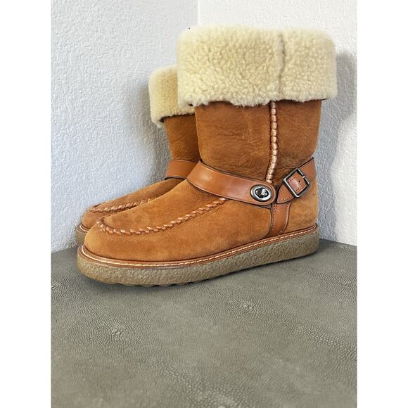 COACH Moto Shearling Turnlock Harness Brown Suede Winter Boot Size 7 - Picture 2 of 12